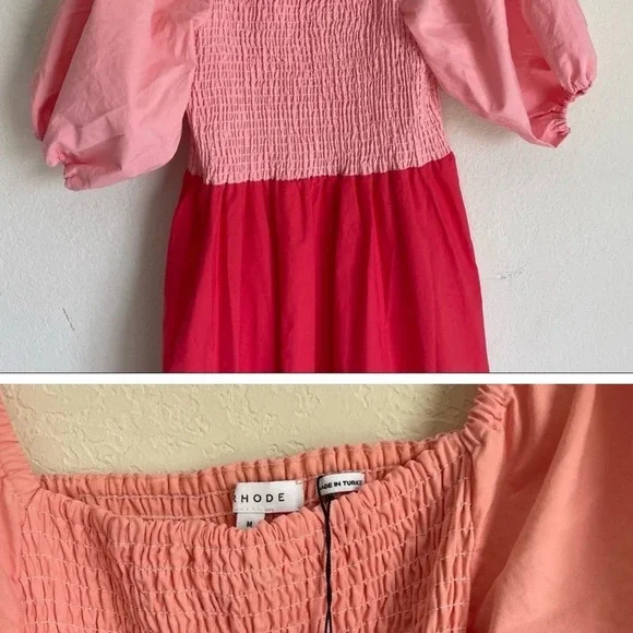 NWT Rhode Eloise Puff Sleeve Colorblocked Midi Dress  in Clementine Multi - Picture 3 of 6